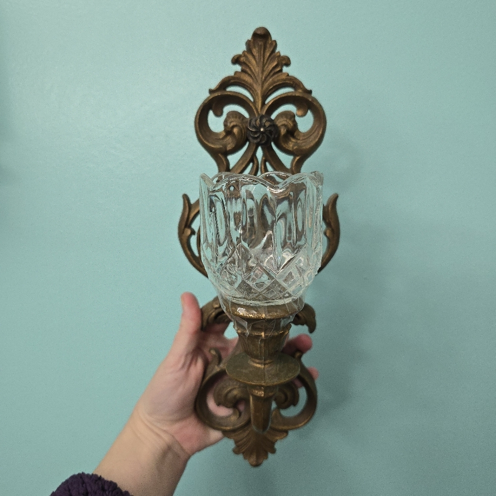 Vtg Burwood Wall Sconces 2 Ornate Gold/bronze Scroll Candle Holders w/votives - Picture 2 of 12